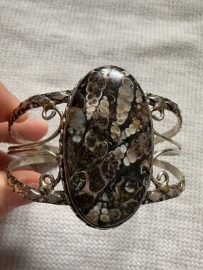 Rare Find Black and Cream Fossil Stone Silver Cuff Bracelet